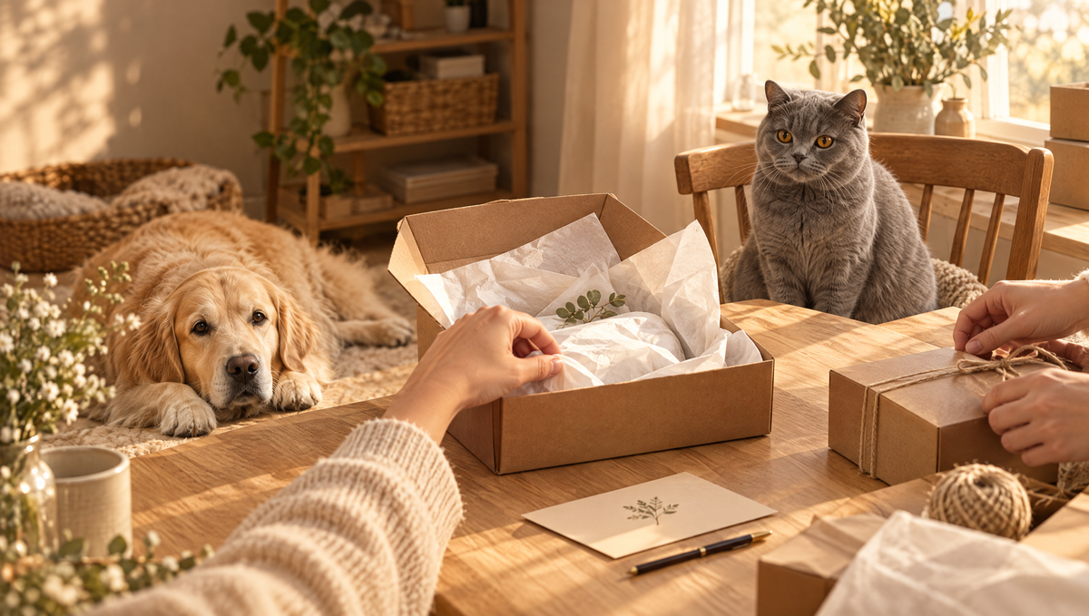 Préparation des colis à la main, un chien et un chat à côté