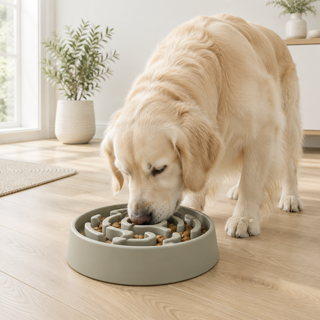 Golden retriever mangeant dans une gamelle anti-glouton a labyrinthe