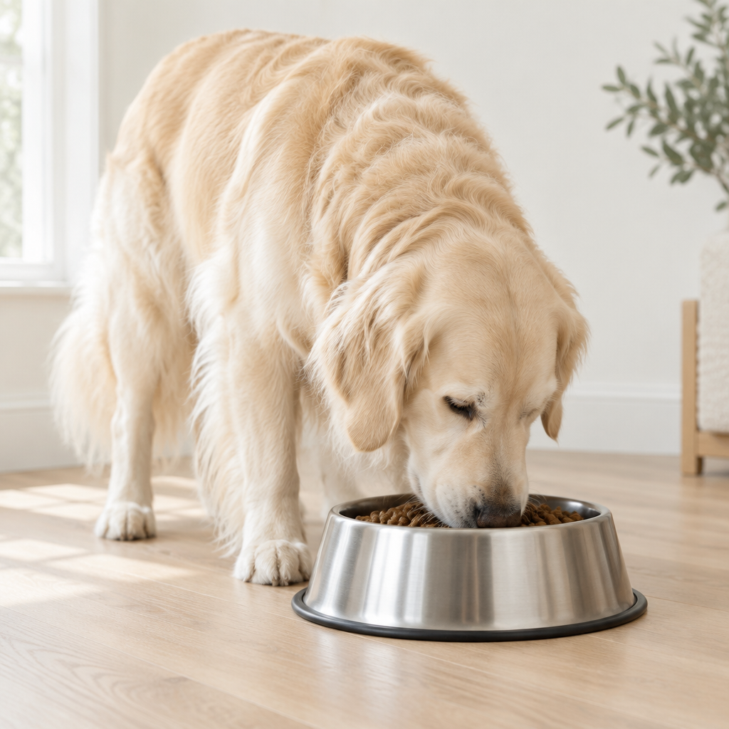 Golden retriever mangeant dans une gamelle en inox large