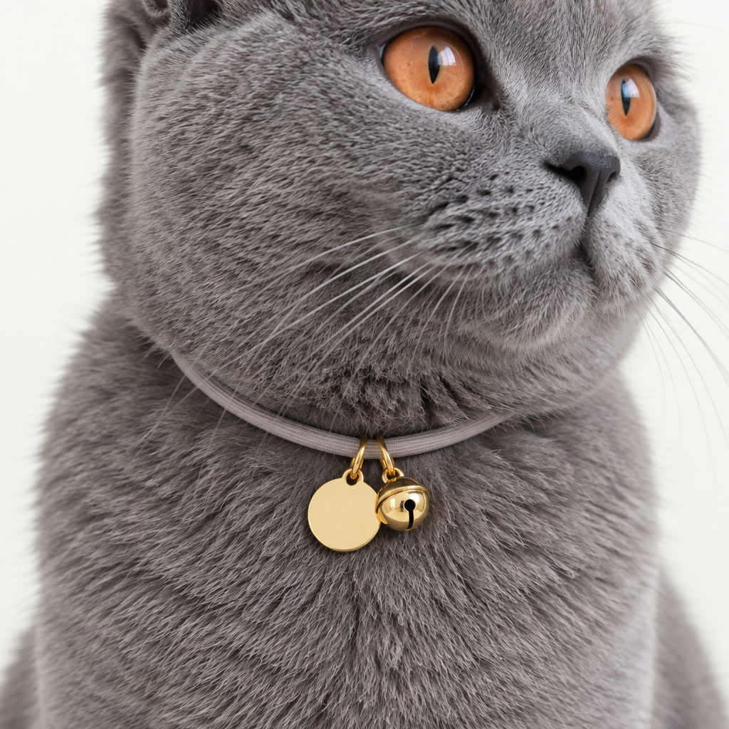 Collier fin avec medaille gravee et grelot sur un chat gris