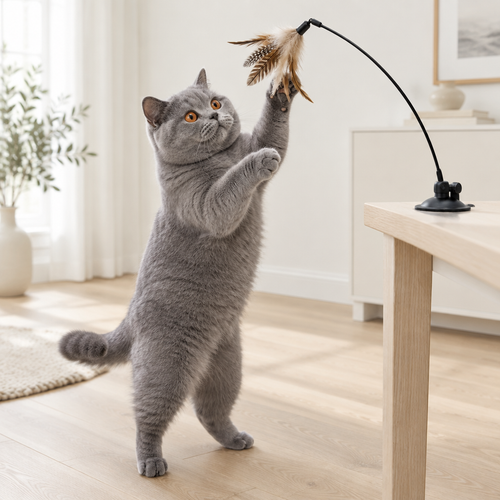Chat gris jouant avec une canne a plumes fixee par une ventouse