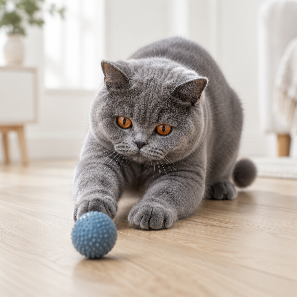 Chat gris attrapant une balle en caoutchouc sur un parquet clair