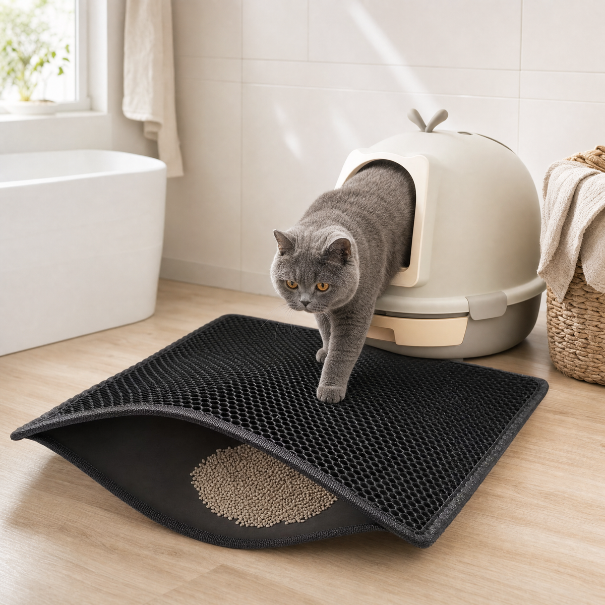 Tapis de litiere double epaisseur avec un chat British shorthair