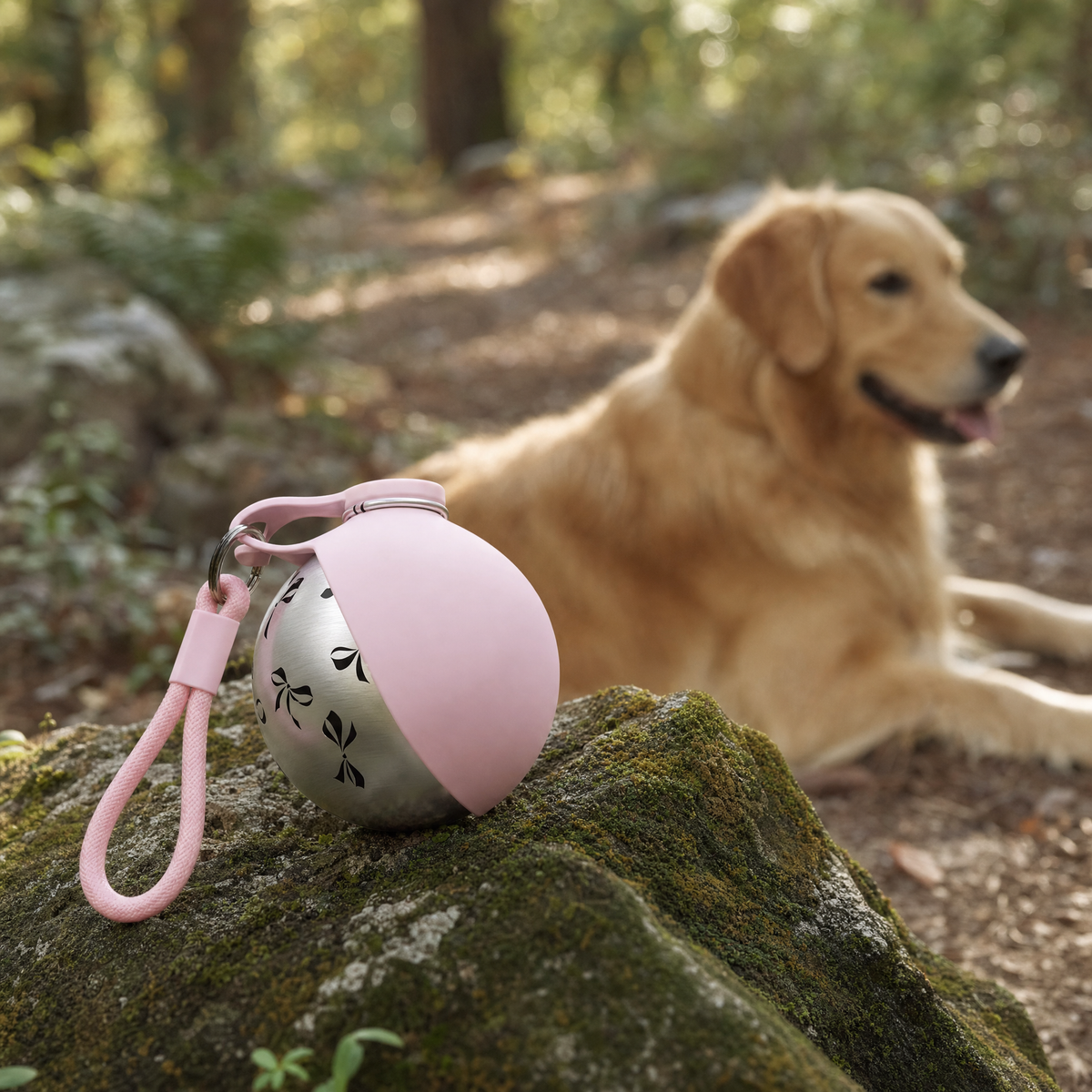 Gourde de promenade 2 en 1 sur un chemin forestier avec un golden retriever