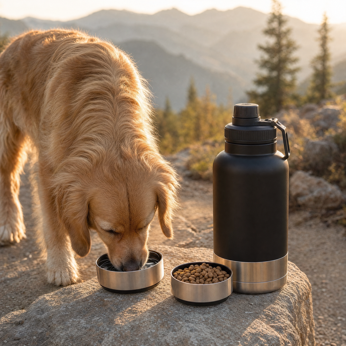 Gourde de randonnee 3 en 1, un golden retriever boit dans le bol detachable