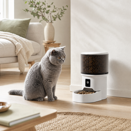 Distributeur de croquettes programmable avec un chat British shorthair