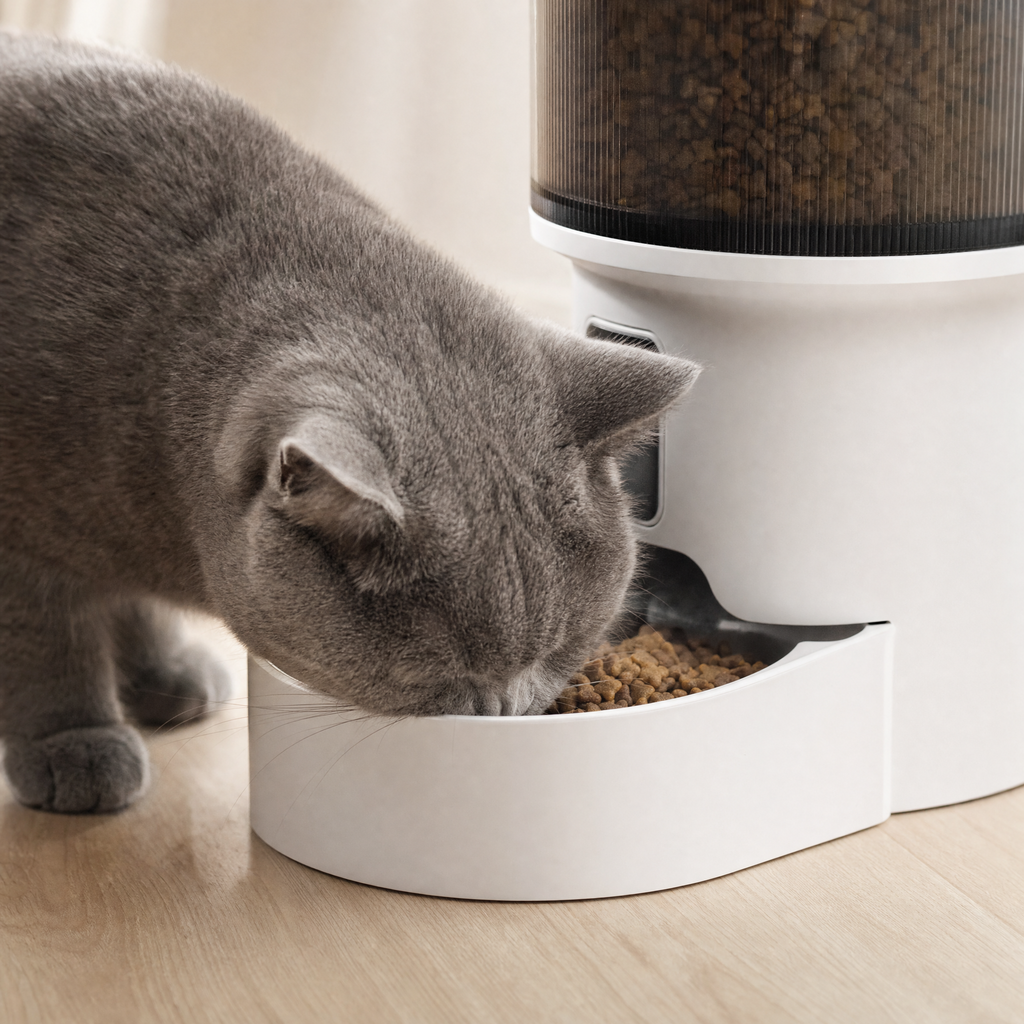 Gros plan du bol du distributeur rempli de croquettes, un chat mange