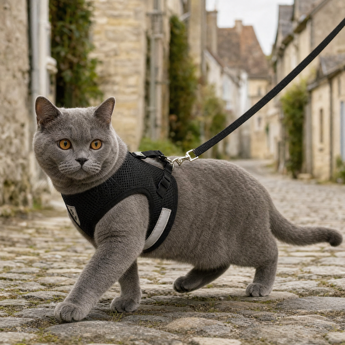 Chat British shorthair en harnais et laisse marchant sur des paves