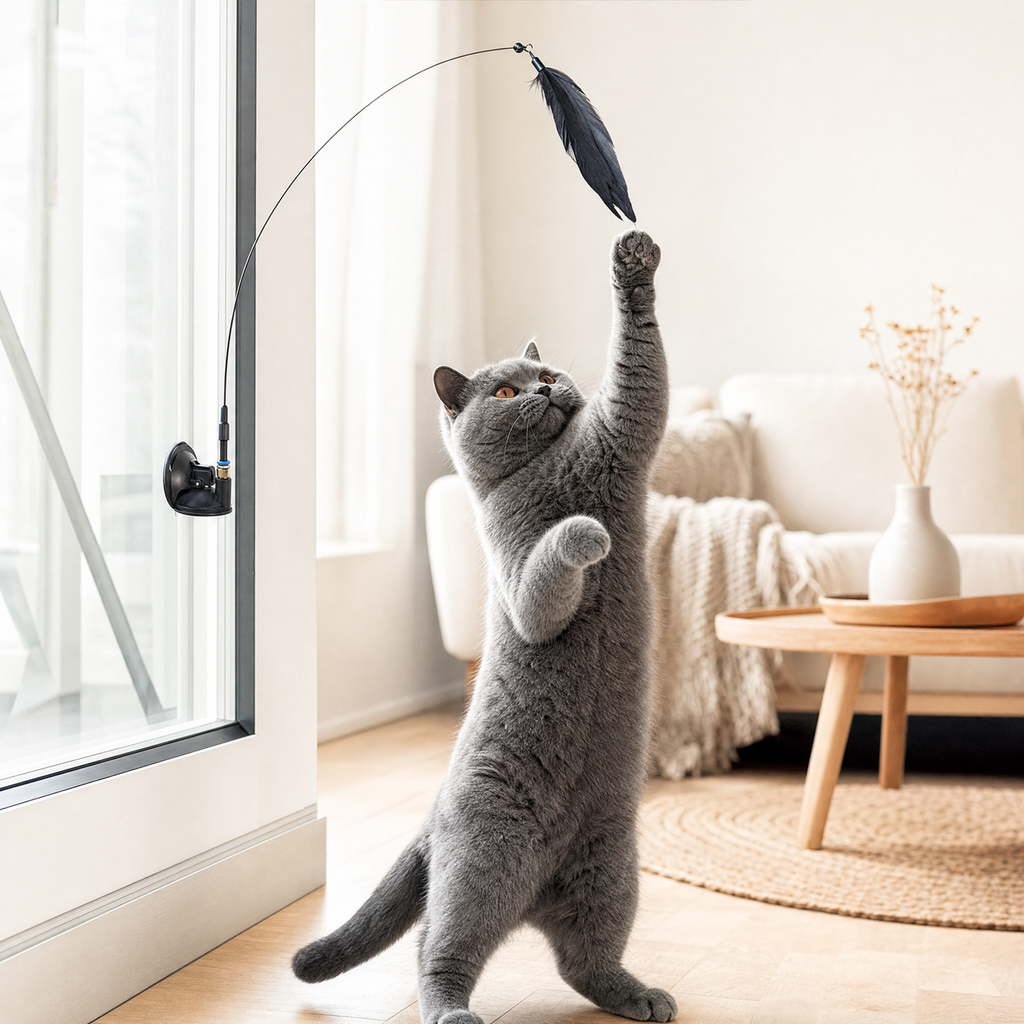 Canne a plumes fixee a la vitre, chat British shorthair qui saute pour l attraper