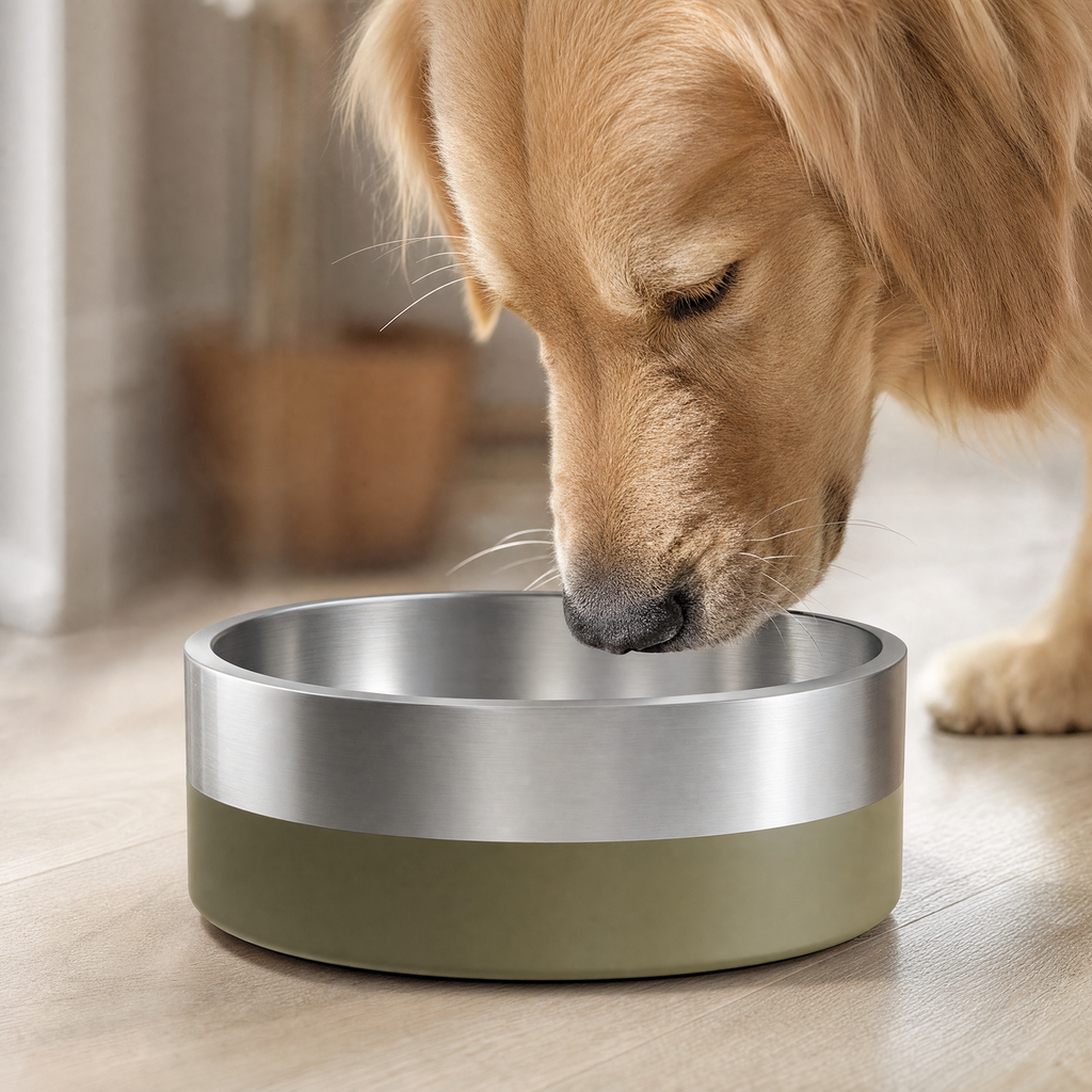 Museau d un golden retriever s approchant de la gamelle en inox