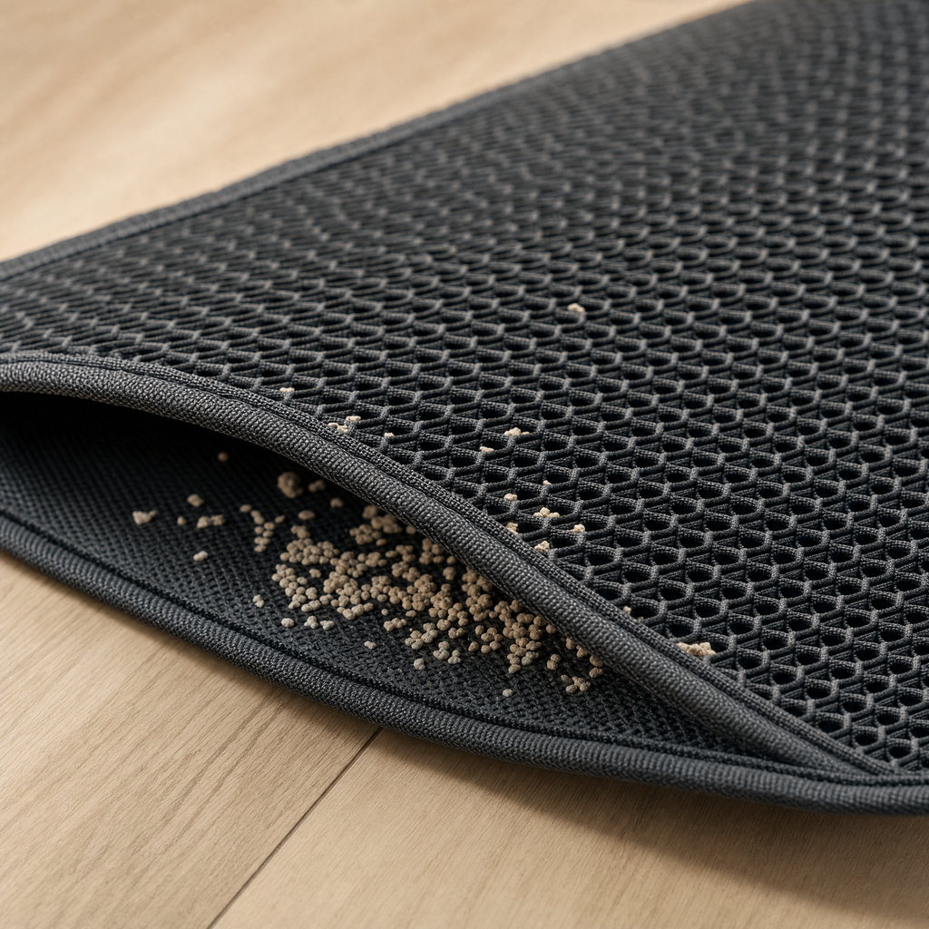 Gros plan de la surface alveolee du tapis retenant les granules de litiere