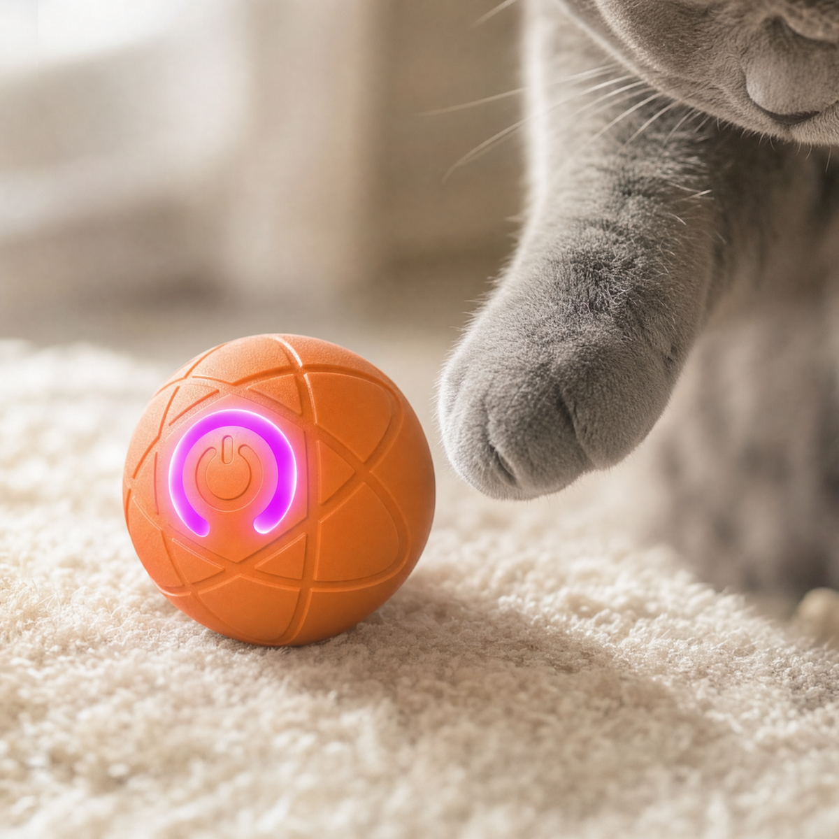 Chat British shorthair tendant la patte vers la balle sur un tapis de laine