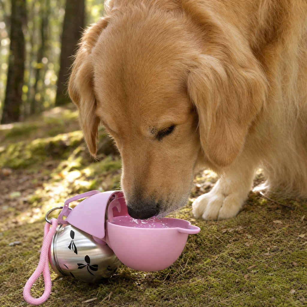 Golden retriever buvant dans l abreuvoir rabattable de la gourde