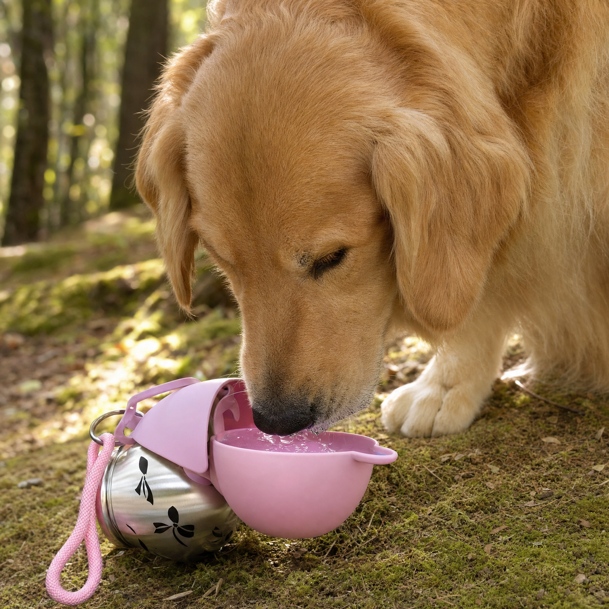 Golden retriever buvant dans l abreuvoir rabattable de la gourde