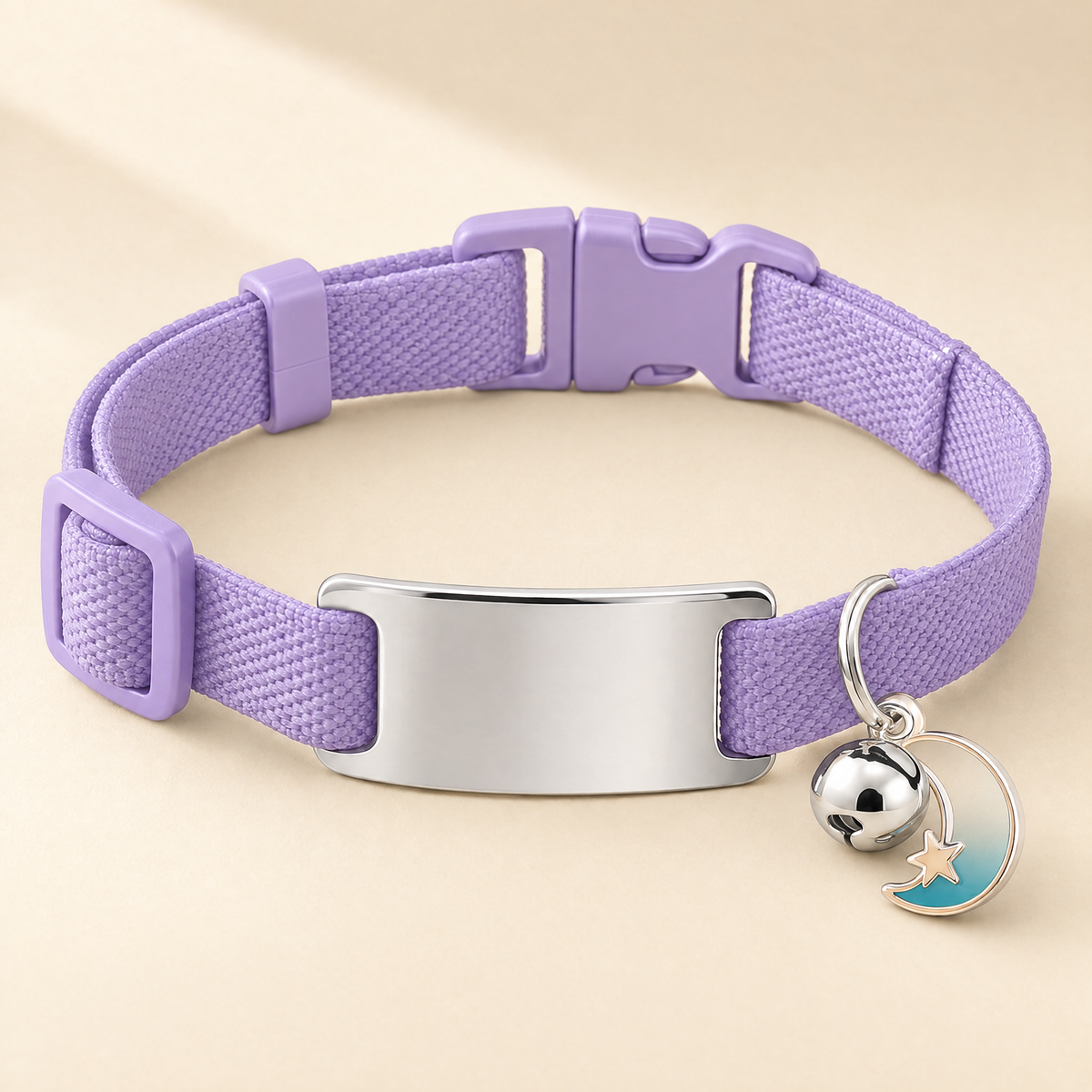 Collier chat élastique lavande, médaille argentée