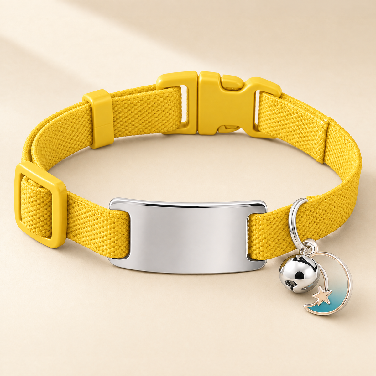Collier chat élastique jaune, médaille argentée