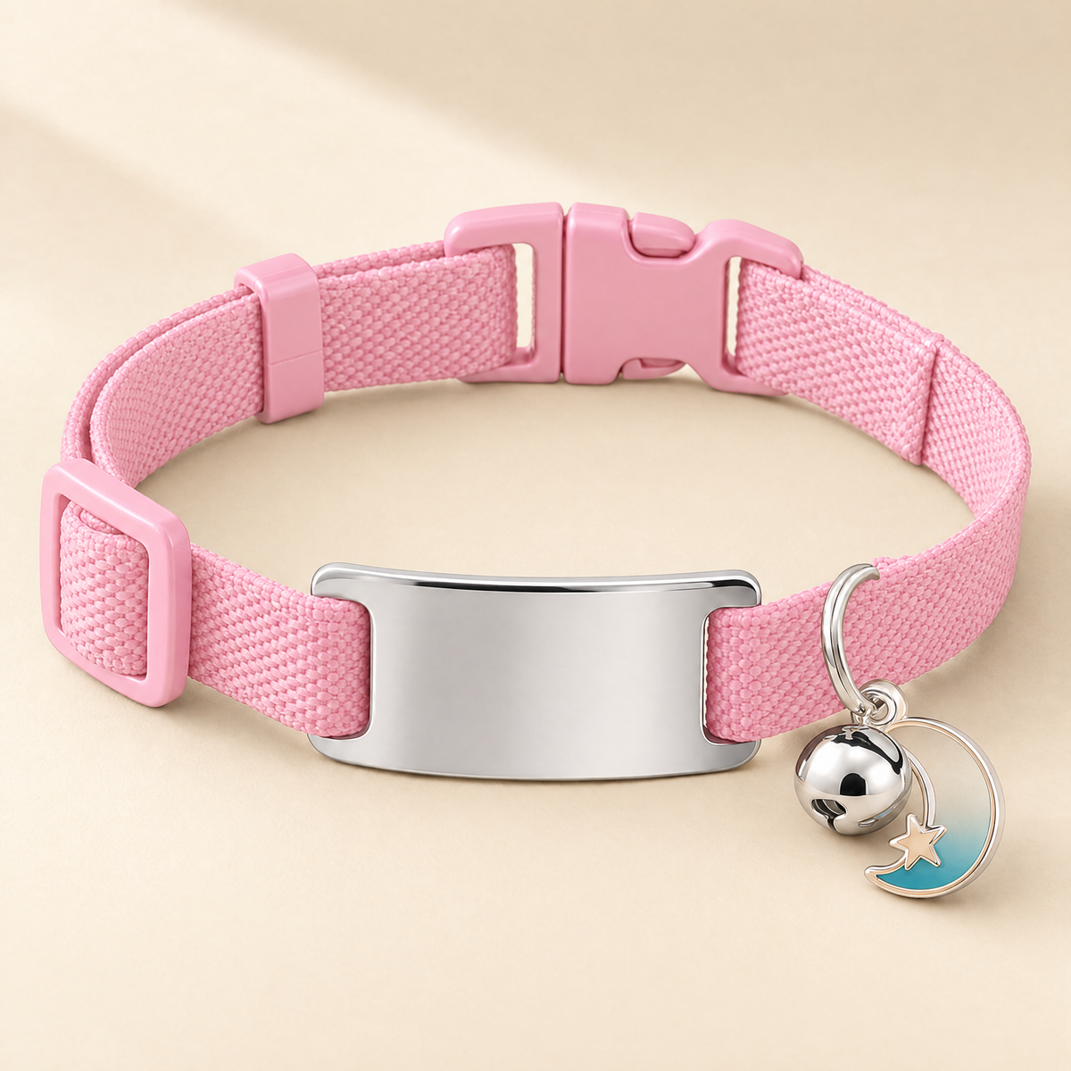 Collier chat élastique rose, médaille argentée