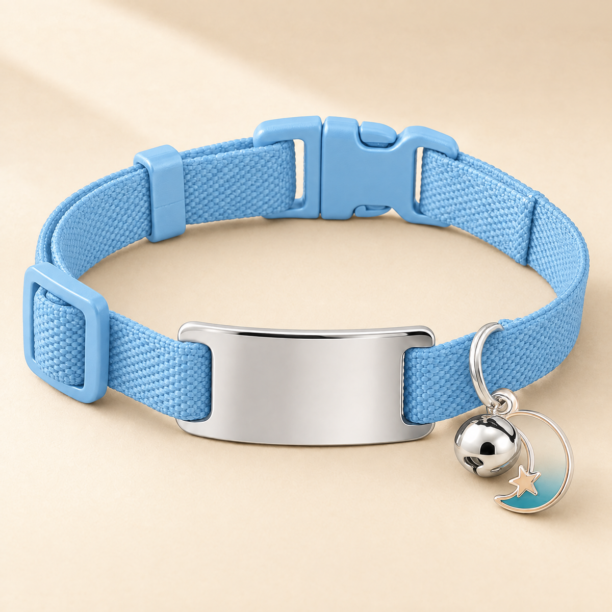 Collier chat élastique bleu ciel, médaille argentée