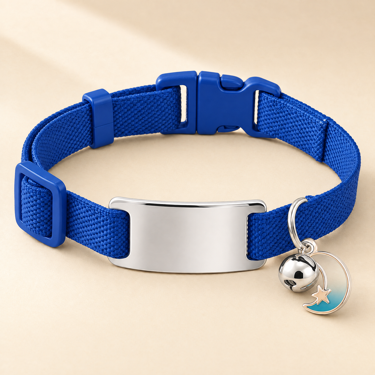 Collier chat élastique bleu, médaille argentée