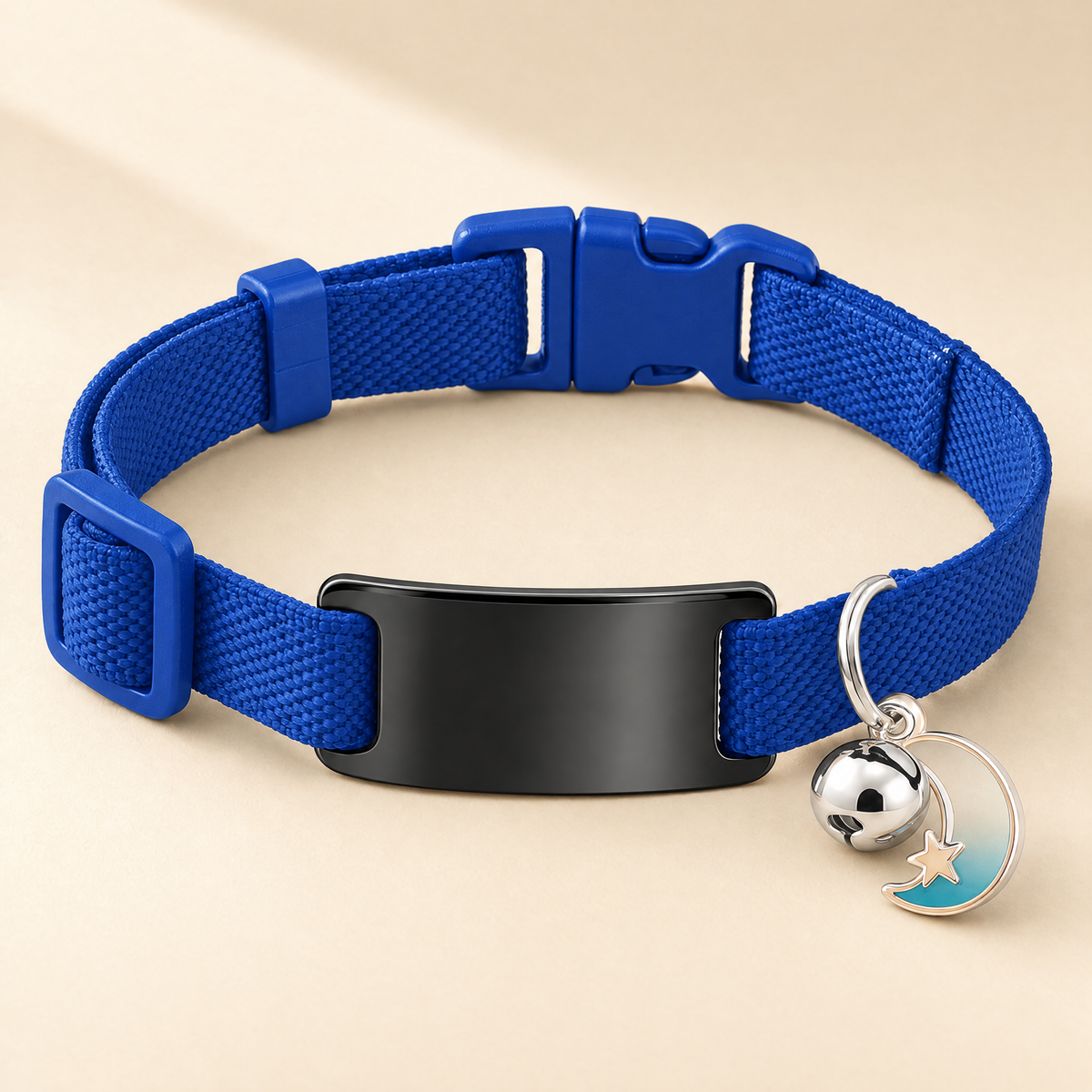 Collier chat élastique bleu, médaille noire