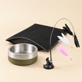Pack Chat Maison : gamelle inox, tapis de litière et canne à plumes
