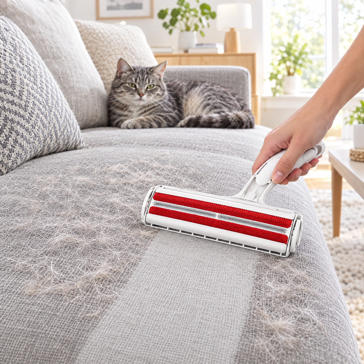 Rouleau anti-poils rouge retirant des poils de chat sur un canapé en lin