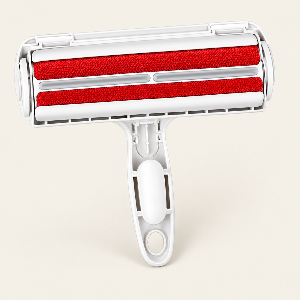 Rouleau anti-poils réutilisable rouge, sur fond crème