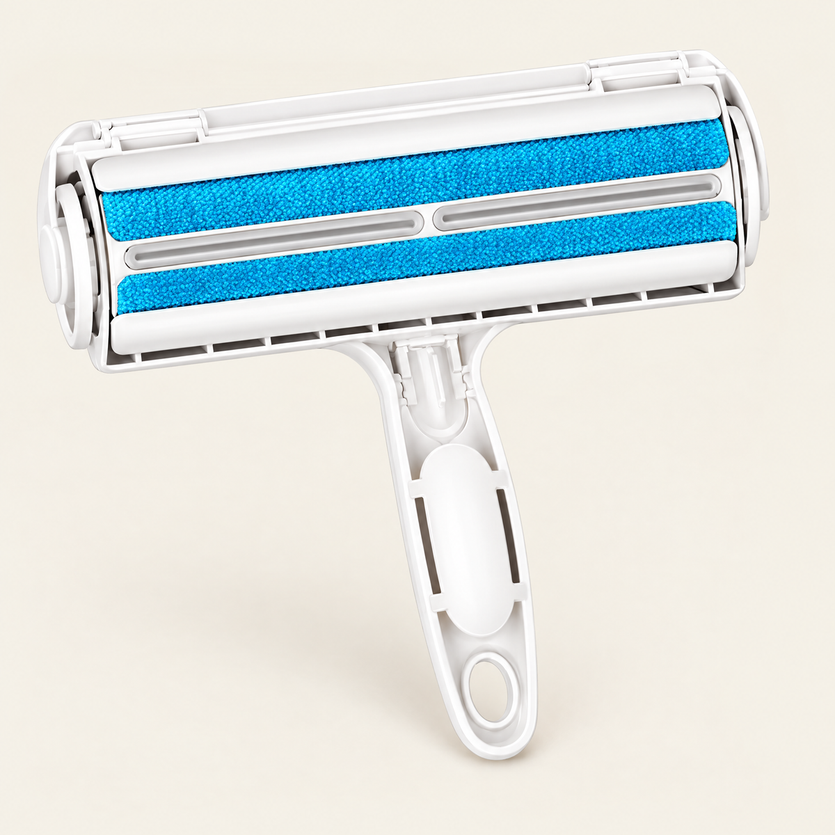 Rouleau anti-poils réutilisable bleu, sur fond crème