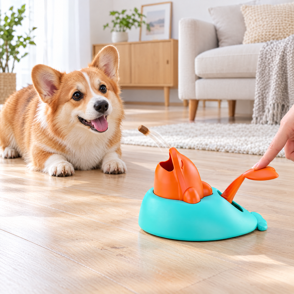 Corgi regardant une friandise projetée par le lanceur baleine dans un salon