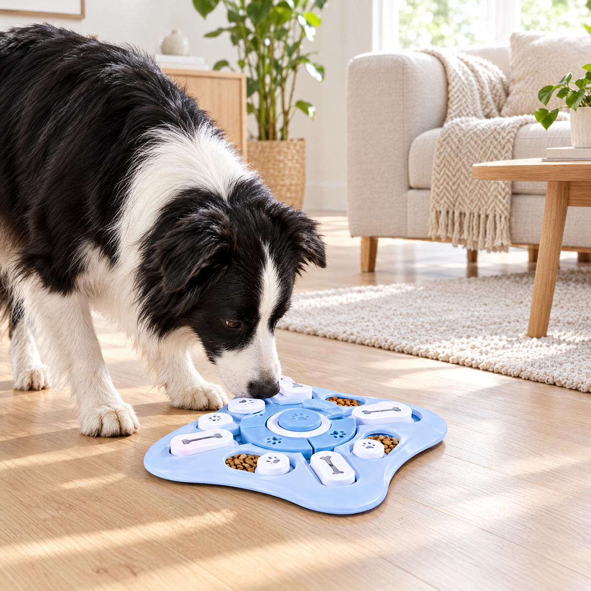 Border collie cherchant des croquettes dans le tapis puzzle bleu posé sur un parquet
