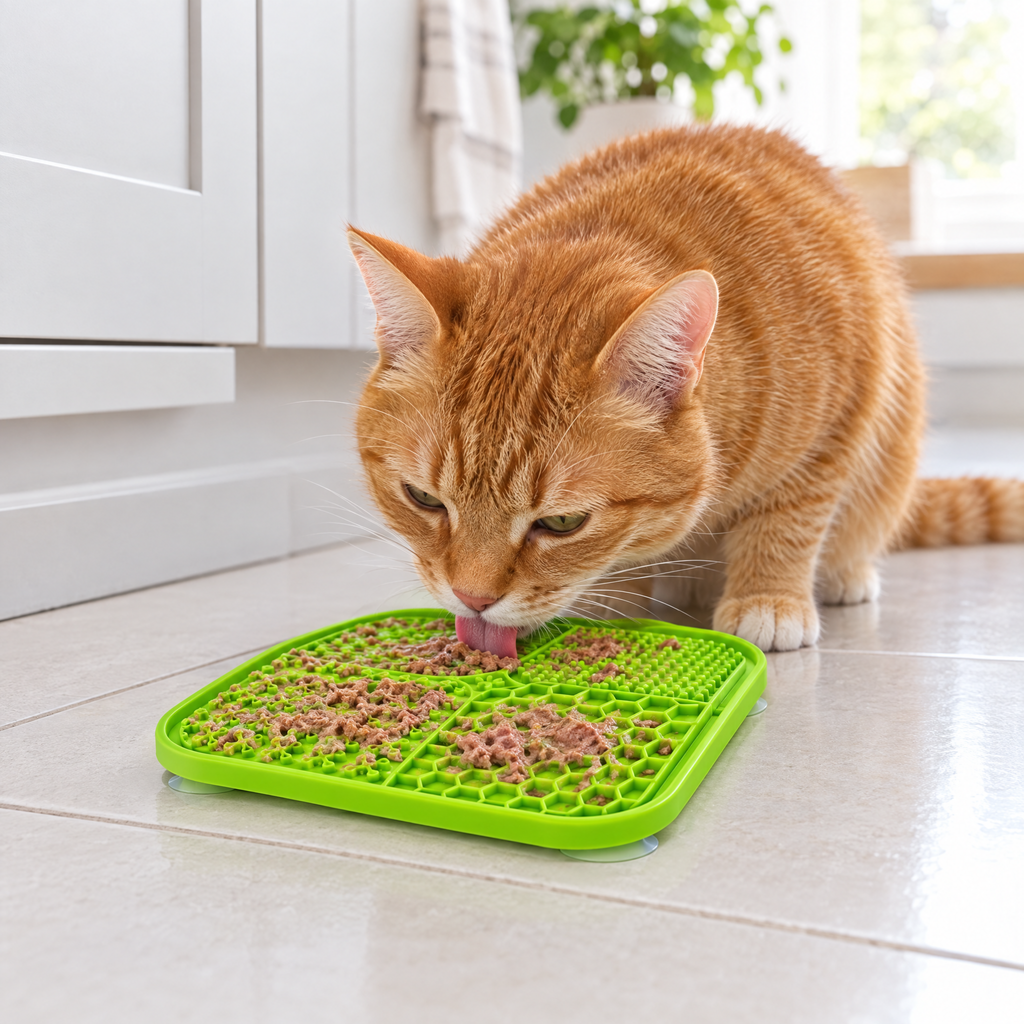 Chat roux léchant de la pâtée sur le tapis de léchage vert fixé au carrelage